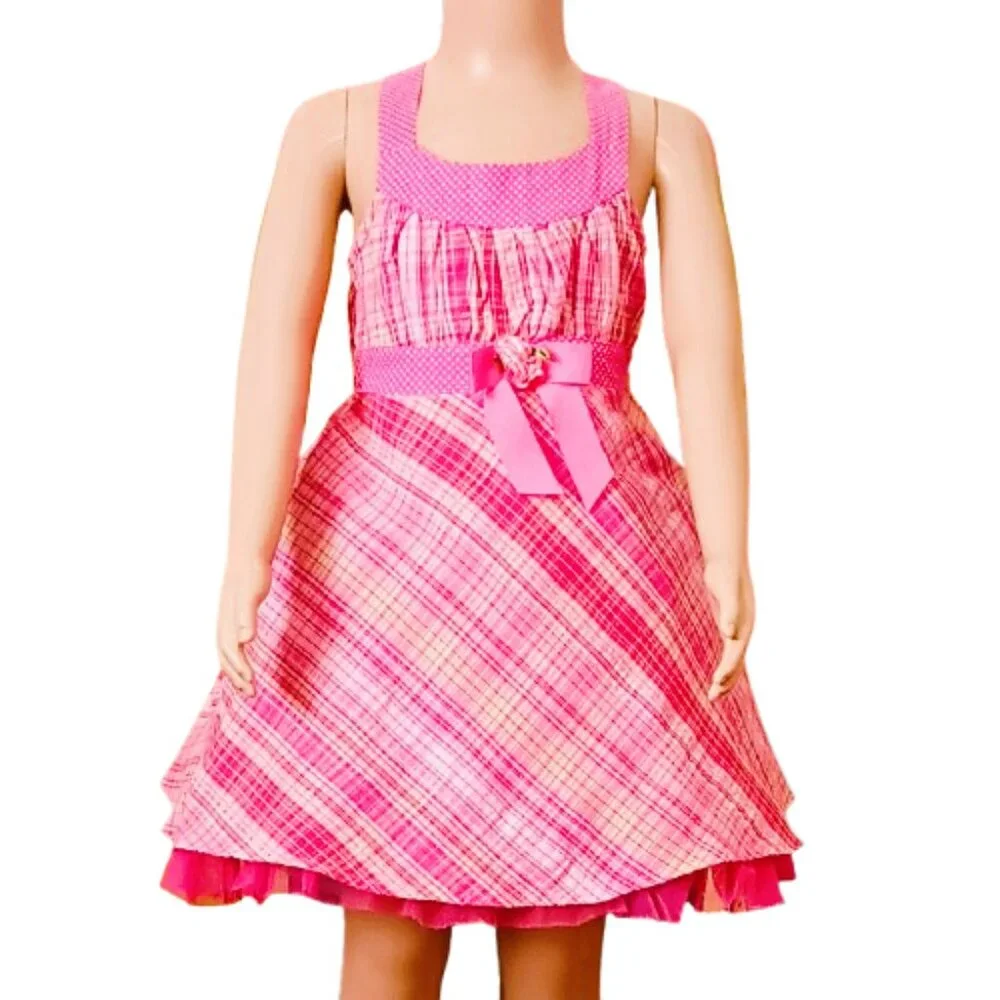 Jenny & Me Pink Plaid Dress 4 A Line Polka Dot Trim Tulle Hem Metallic Weaving